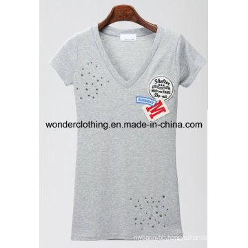 V Neck with Embroidery Fashion Wholesale Cotton Girl T-Shirt